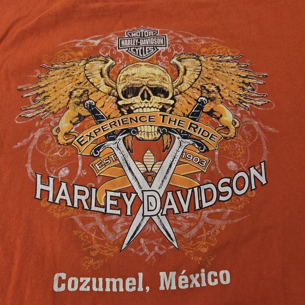 Vintage Y2K Harley Davidson Cozumel Mexico Orange Cotton T Shirt Mens L Biker